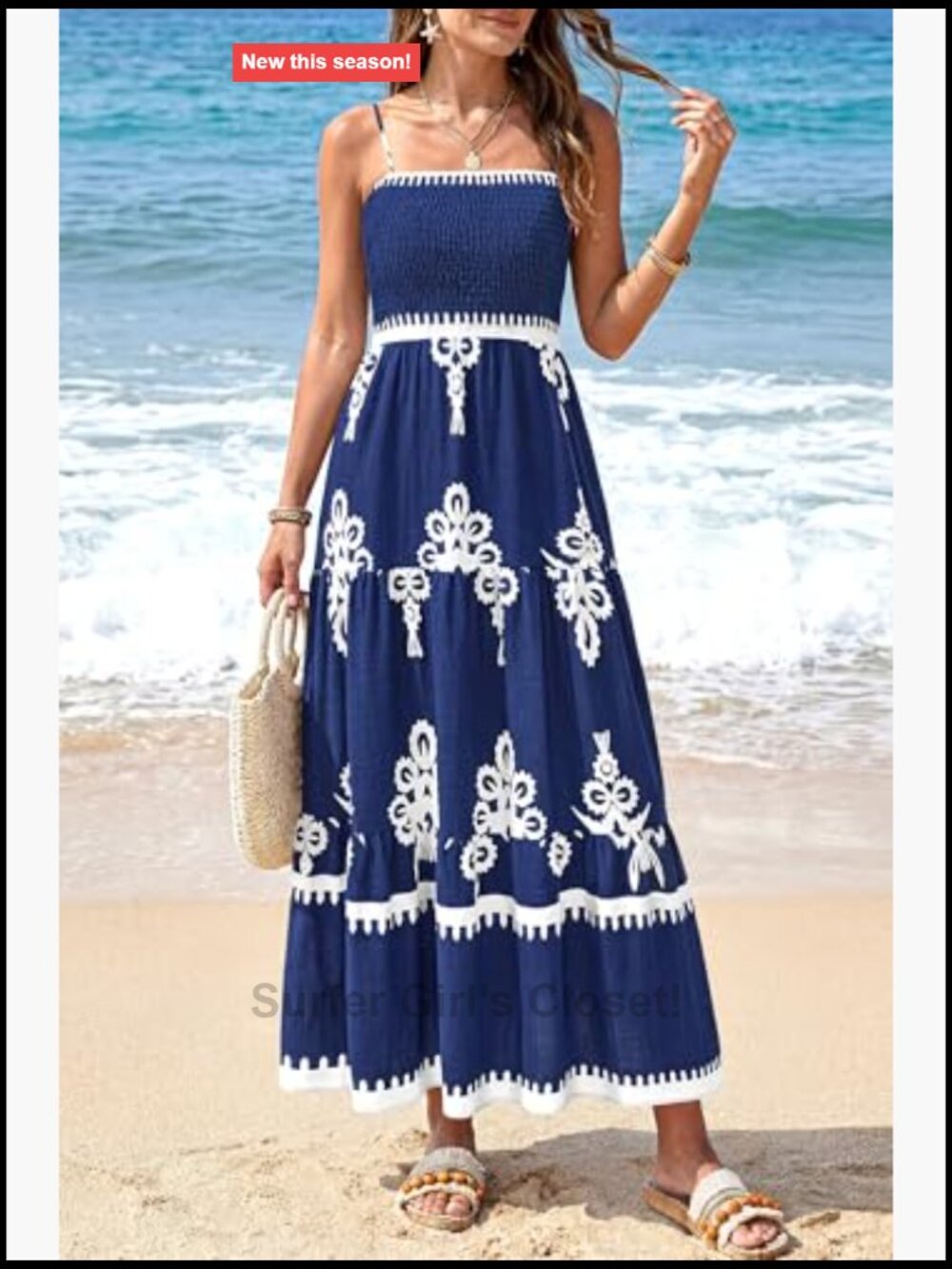 Sleeveless Spaghetti Strap Smocked Tiered Maxi Sundress Flowy Boho Beach - Picture 5 of 7